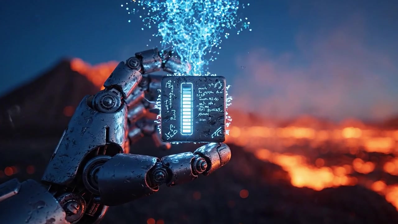 En futuristisk robothånd holder en glødende printplade midt i et udbrudt vulkanlandskab, hvilket indfanger essensen af teknologi og naturens kraft i harmoni.