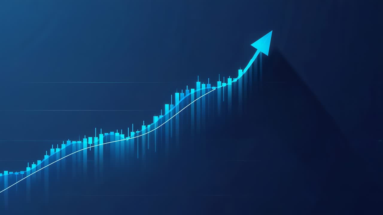 Animating cyan candlestick chart rising from low cluster to arrow peak on navy UI, indicating gain