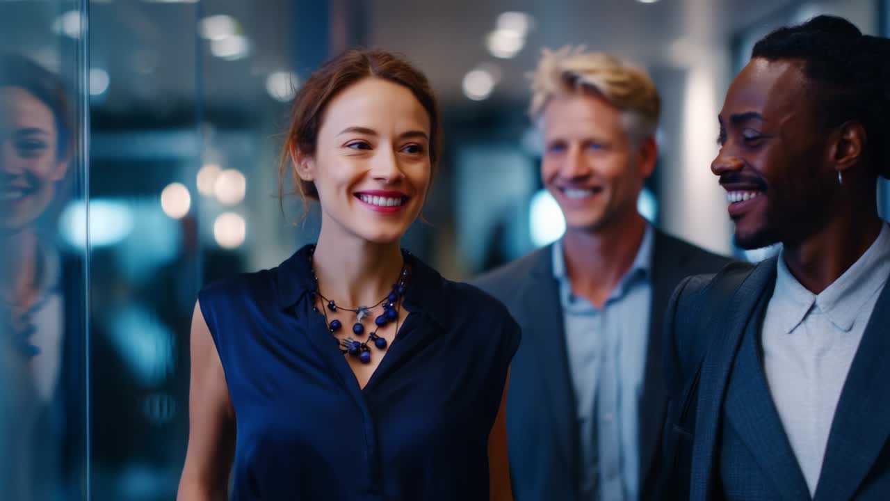 A group of three professionals exuding confidence and camaraderie as they navigate a modern office environment, showcasing collaboration and positive energy while engaging in conversation
