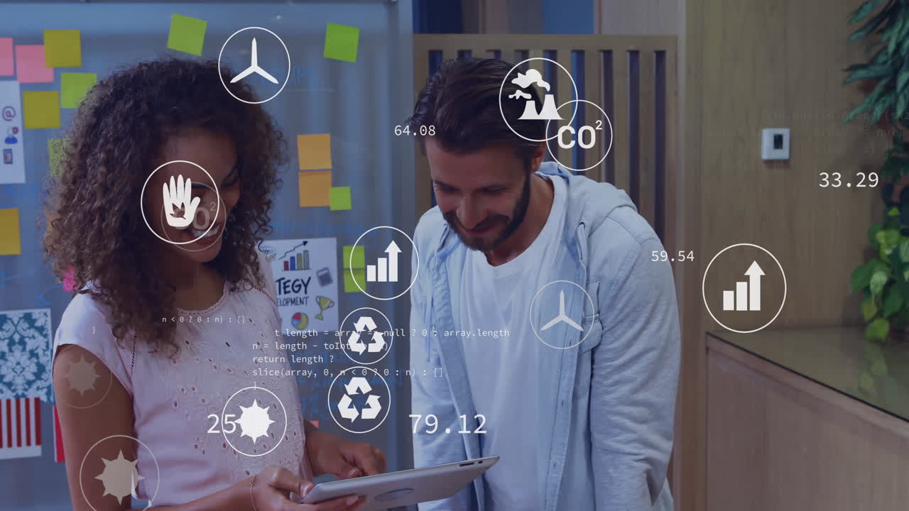 Animation of eco icons and data processing over diverse business people in office