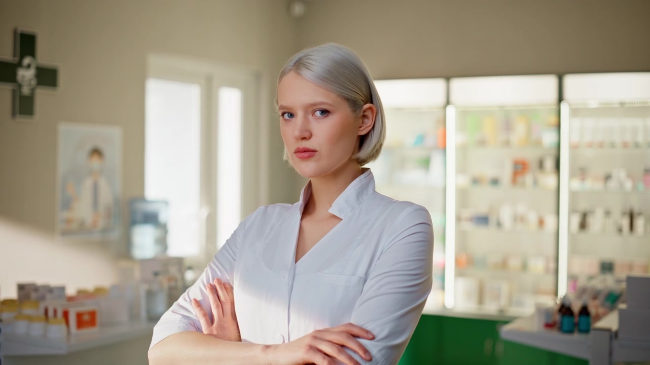 Nahaufnahme am Arbeitsplatz: Ernsthafter Apothekenmitarbeiter posiert mit verschränkten Armen. Apothekenpersonal.