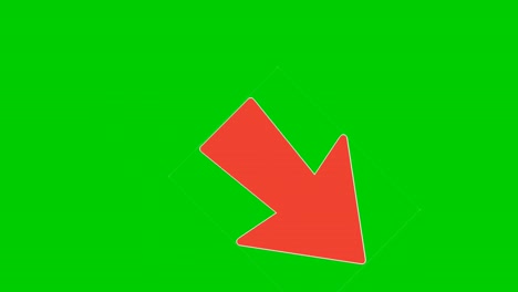 animación símbolo de la flecha roja en pantalla verde, flecha de dibujos animados de color rojo apuntando diagonal 4k imágenes animadas elementos de superposición de video