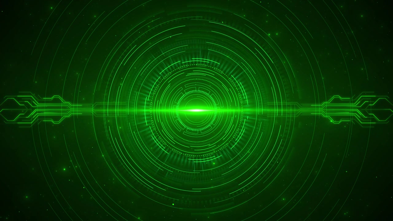 Green circular hud scanner interface glowing radar rings circuit lines particles laser center light