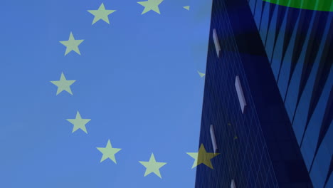 animation of european union waving flag over cityscape