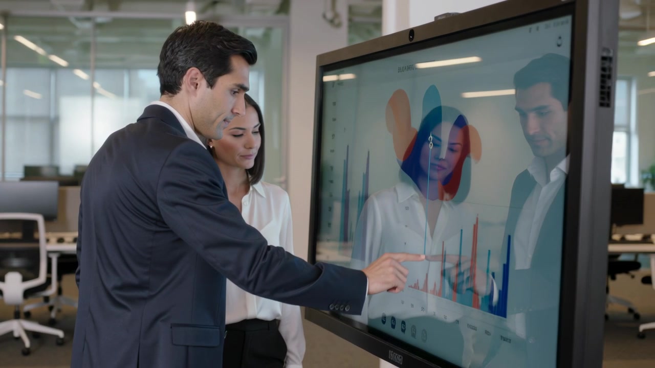 Pointing at chart, presenter in dark suit tapping touchscreen in open-plan office, analyzing trends