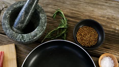 raw steak, ingredients and pan on wooden table