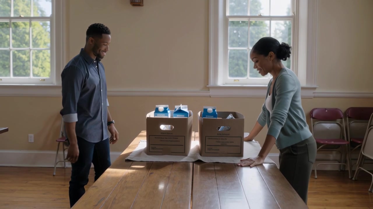 Two adults in casual wear placing boxes on table, arranging blue-capped milk cartons for donation