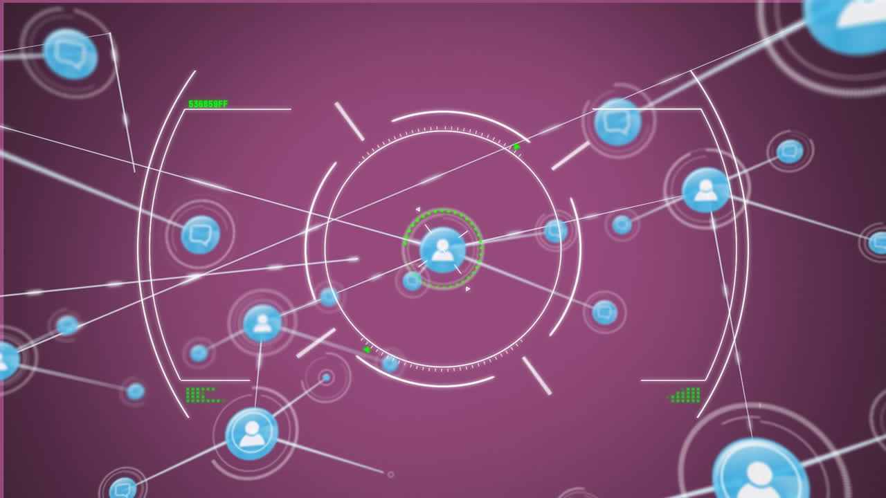 animación de alcance circular y red móvil de iconos de personas conectadas en fondo púrpura