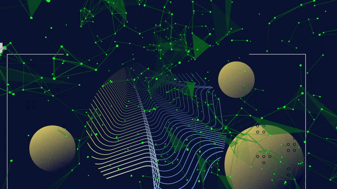 Animation of green geometric shapes and spheres forming abstract digital network