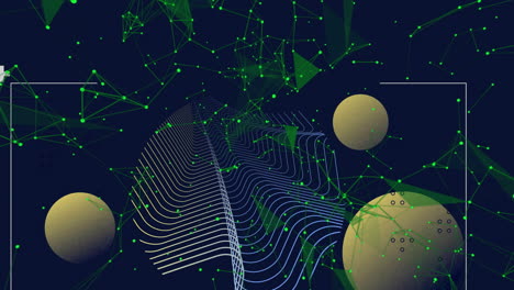 Animation of green geometric shapes and spheres forming abstract digital network