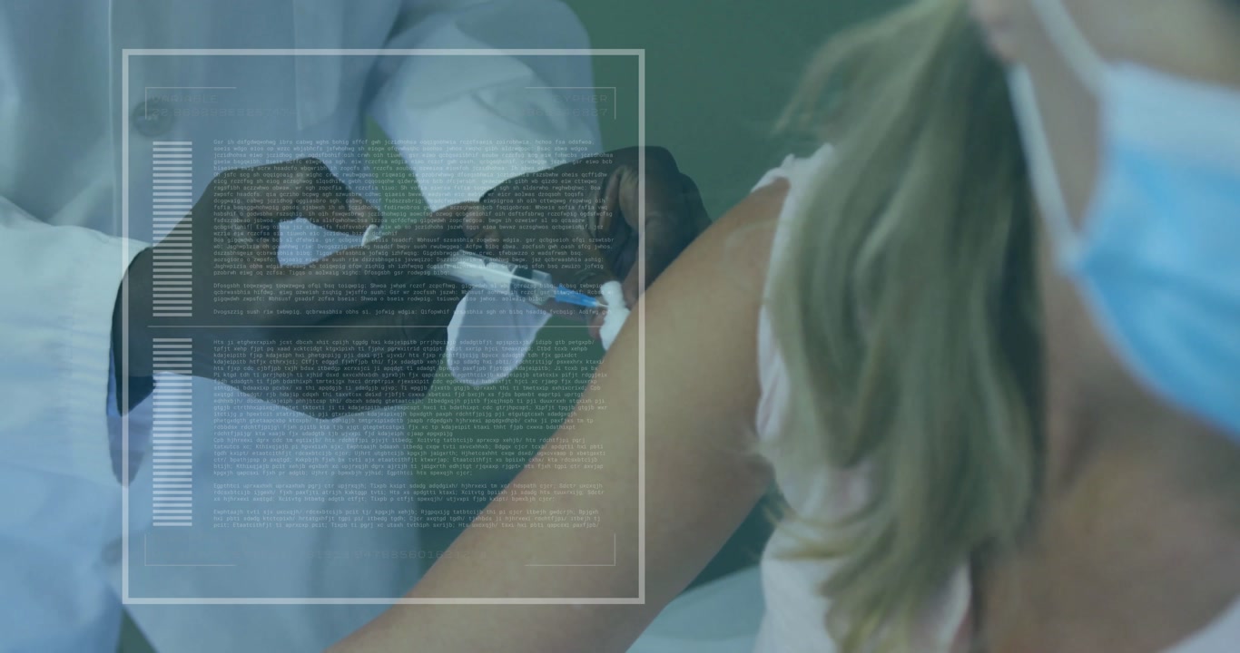 Healthcare professional injecting patient upper arm with syringe, gloves, masks, with animated HUD