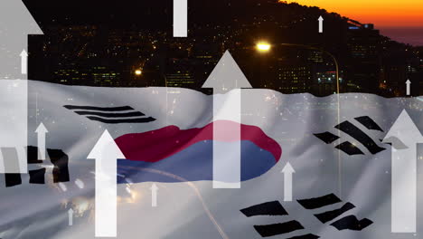 도시 위에 있는 백색 화살표와 남한의 발의 애니메이션