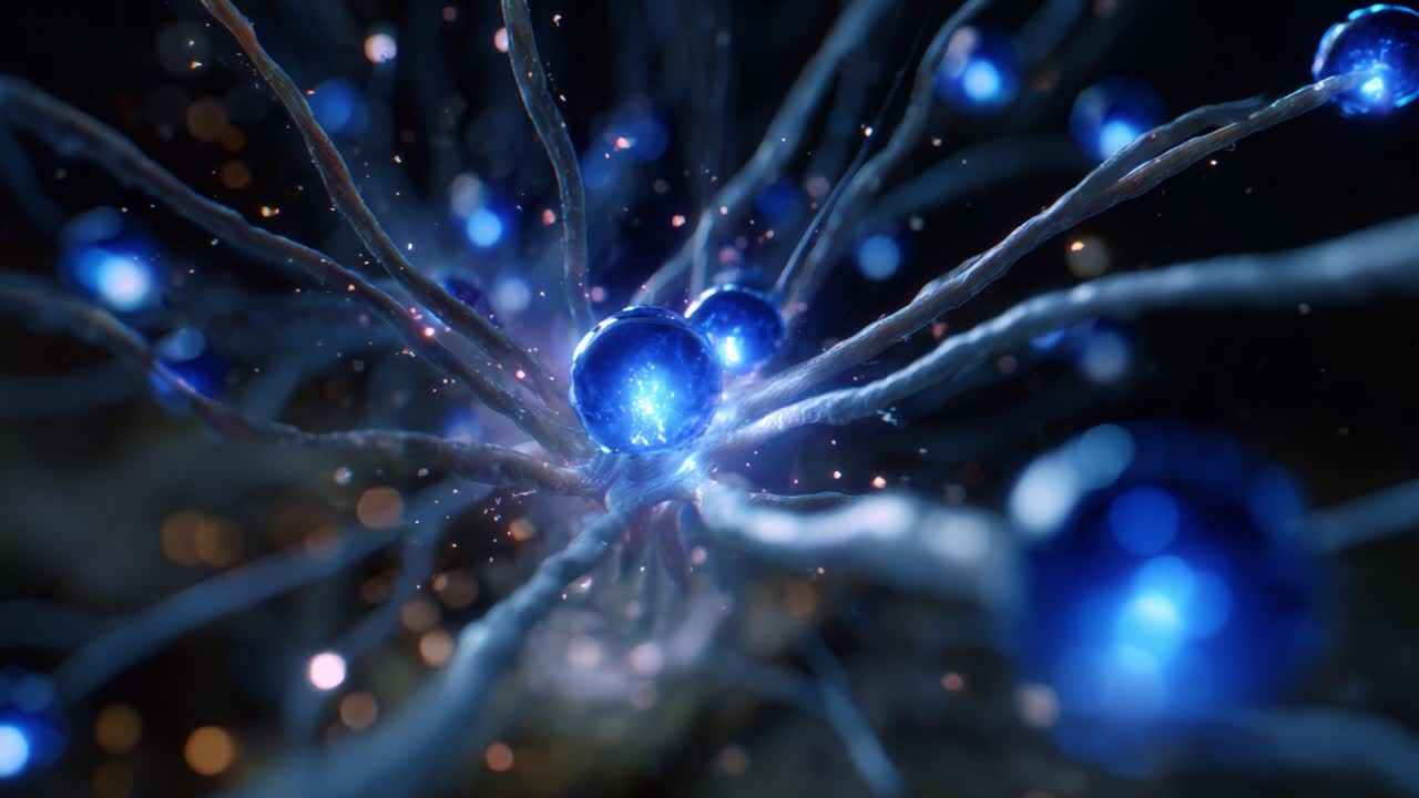 Abstract representation of neural connections highlighting glowing blue spheres, symbolizing brain activity and the intricate network of neurons in a stunning visual ecosystem
