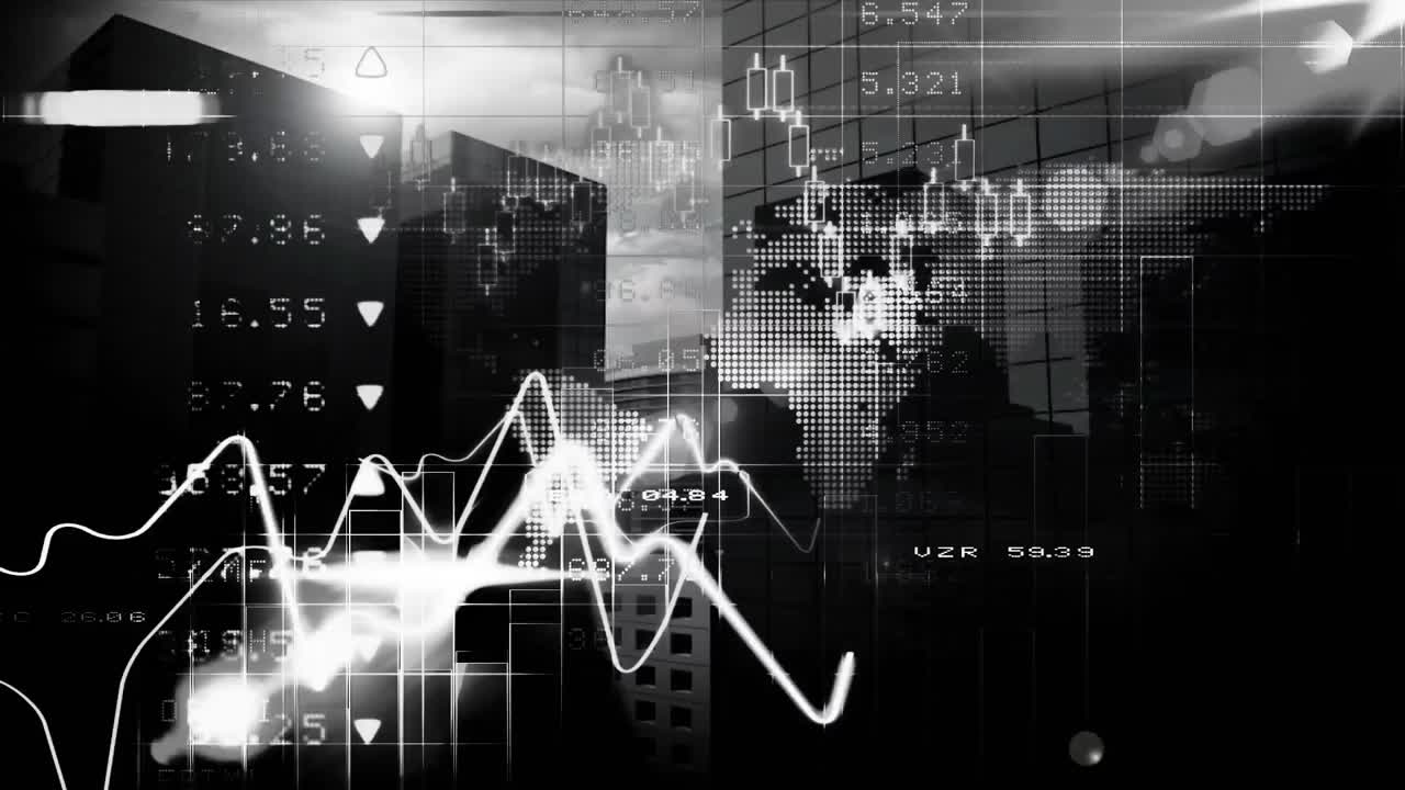 도시 풍경 위의 데이터 처리 애니메이션