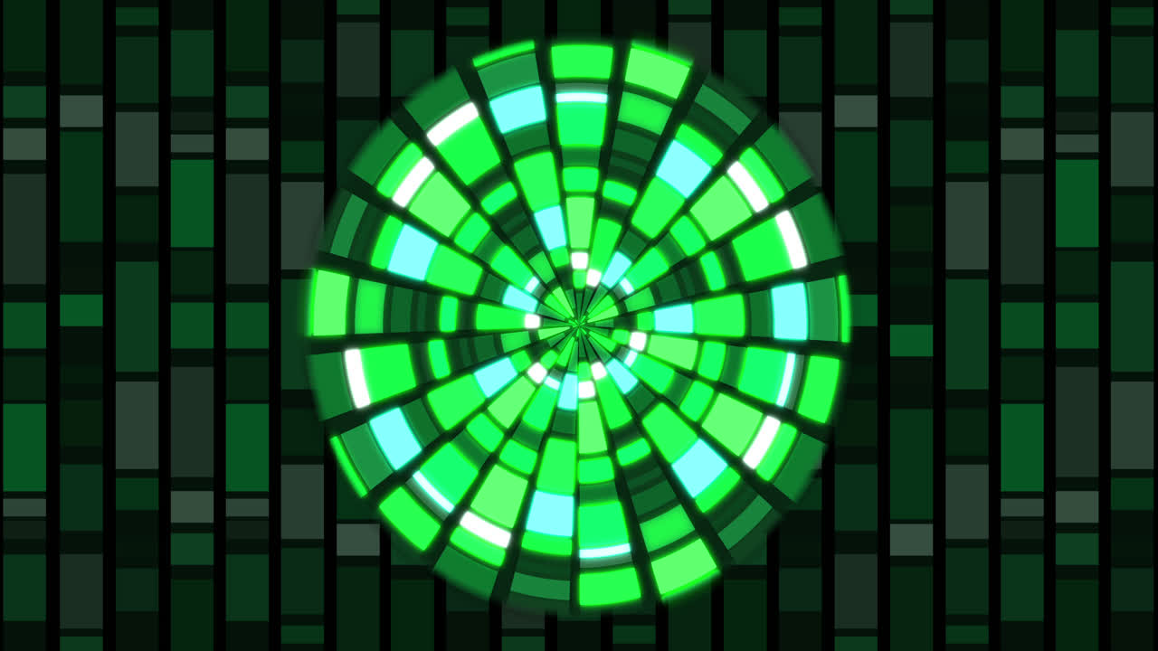 Animation of circle made of rectangles changing colours in shades of green