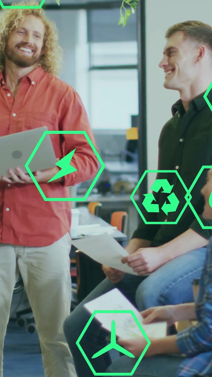 Team lead stepping in with laptop, team shifting docs, green hex icons moving, sharing energy goals