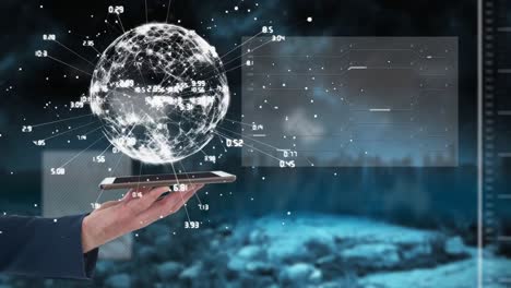 animation of data processing over globe and hand