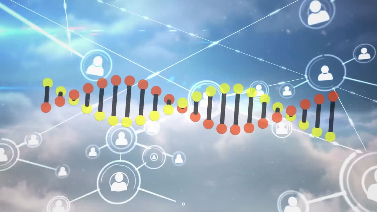 사람들과의 연결 네트워크를 회전시키는 dna 가닥의 애니메이션 아이콘
