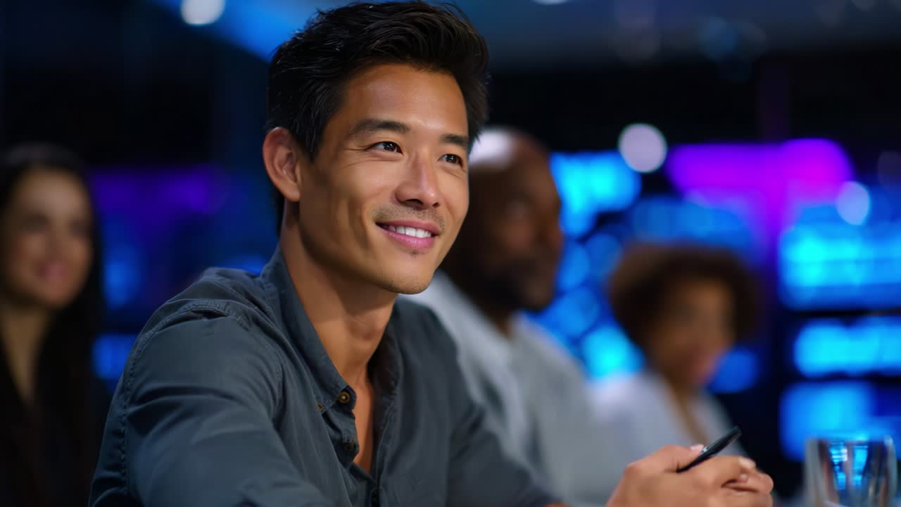 A Focused Individual Engaging in a Dynamic Group Discussion, Exhibiting Confidence and Approachability in a Professional Setting with Vibrant Background Lighting Enhancing the Atmosphere of Collaboration