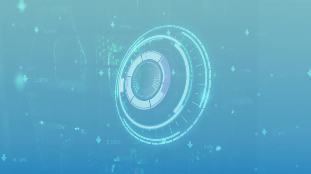 Animation of purple shapes over scope scanning and arrows on blue background