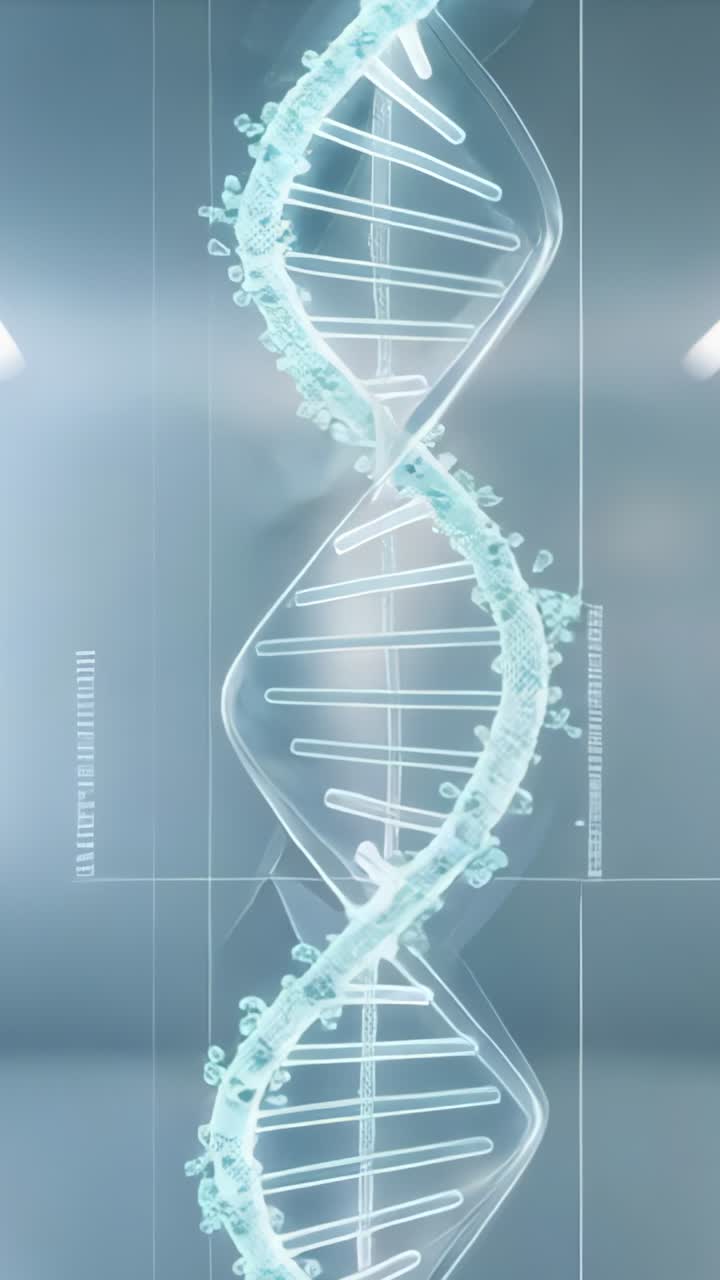 Vertical video: Materializing turquoise DNA helix in lab display on startup, rotating for data scan