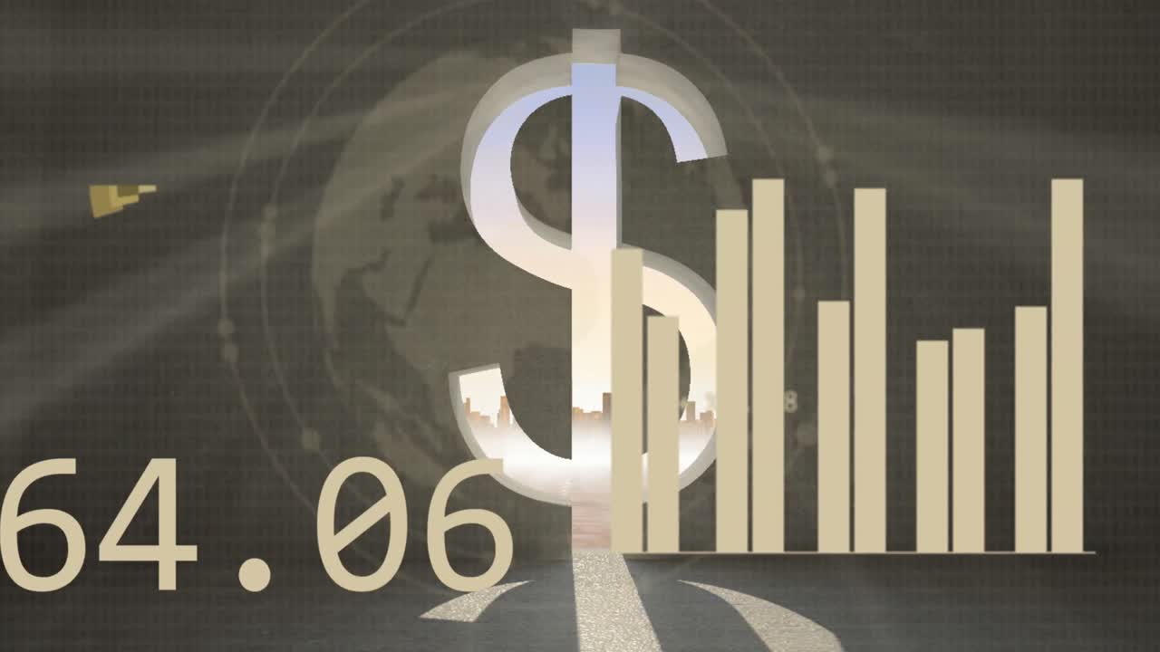 Animation of financial data processing over american dollar symbol