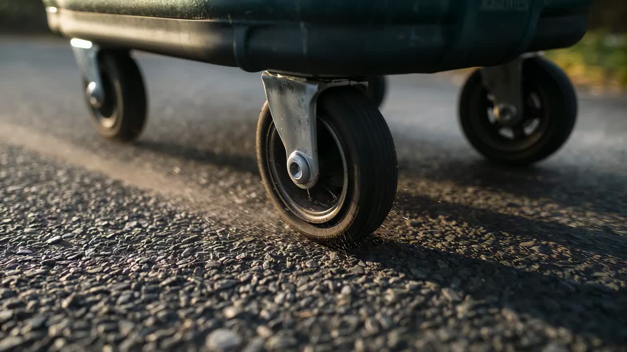Rolling caster wheel with metal fork across paved path after offscreen push, with long shadow