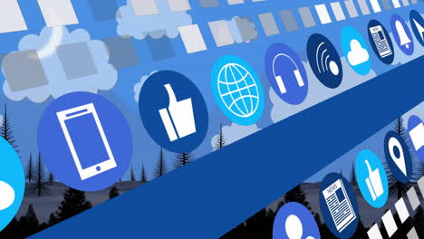 Animation of digital communication icons floating over blue landscape with trees