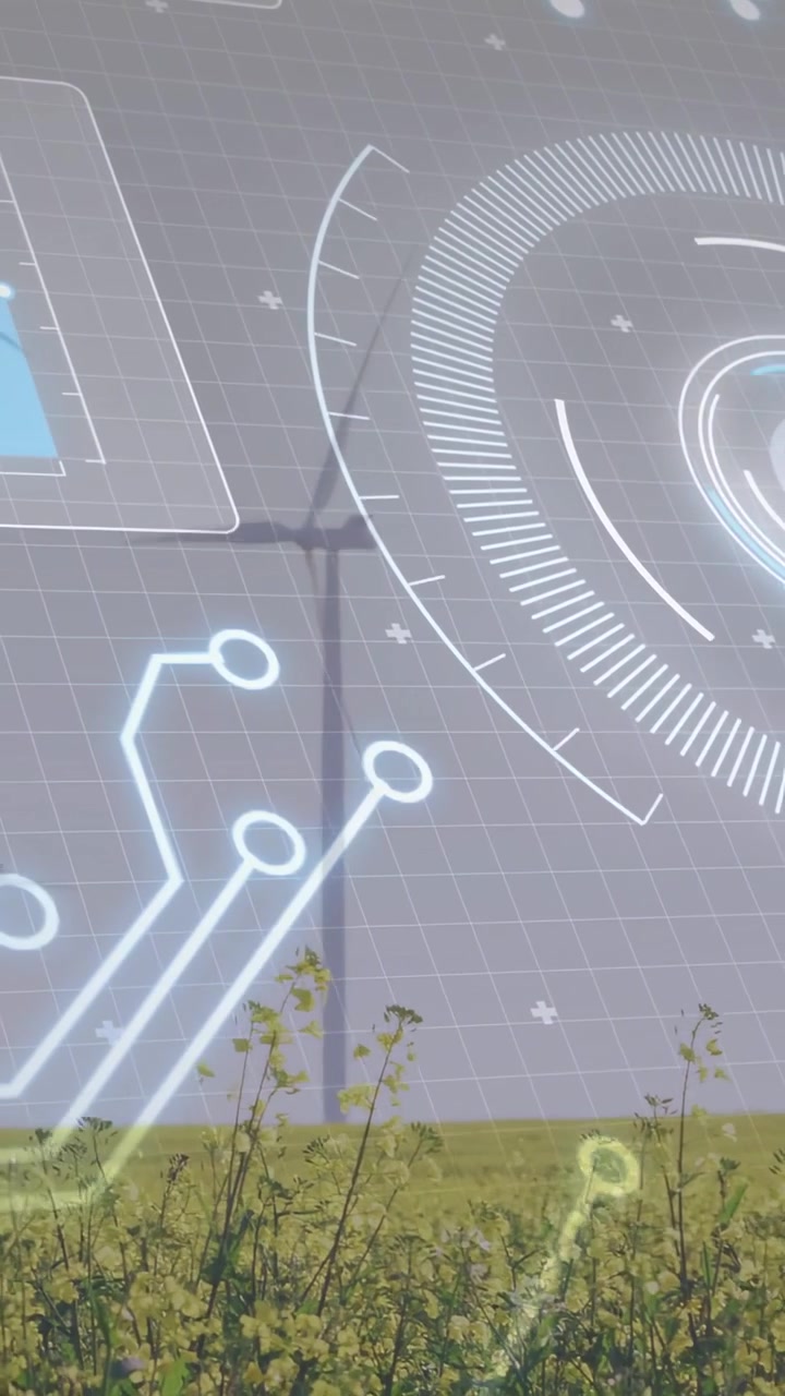 Video verticale: Scintilla UI che avvia le turbine eoliche che girano mentre l'HUD mappa la produzione energetica della fattoria.