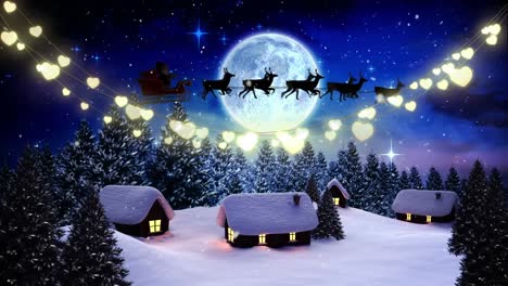 Animation-of-santa-sleigh-and-christmas-lights-over-winter-landscape