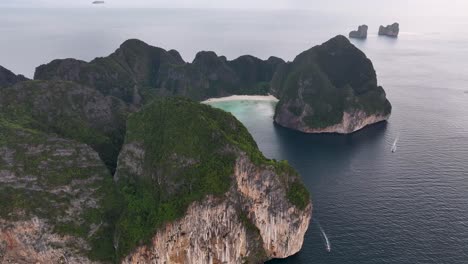 Maya Bay, The Beach. Birds eye view over the mist. Magical natural place. Phi Phi Islands, Thailand