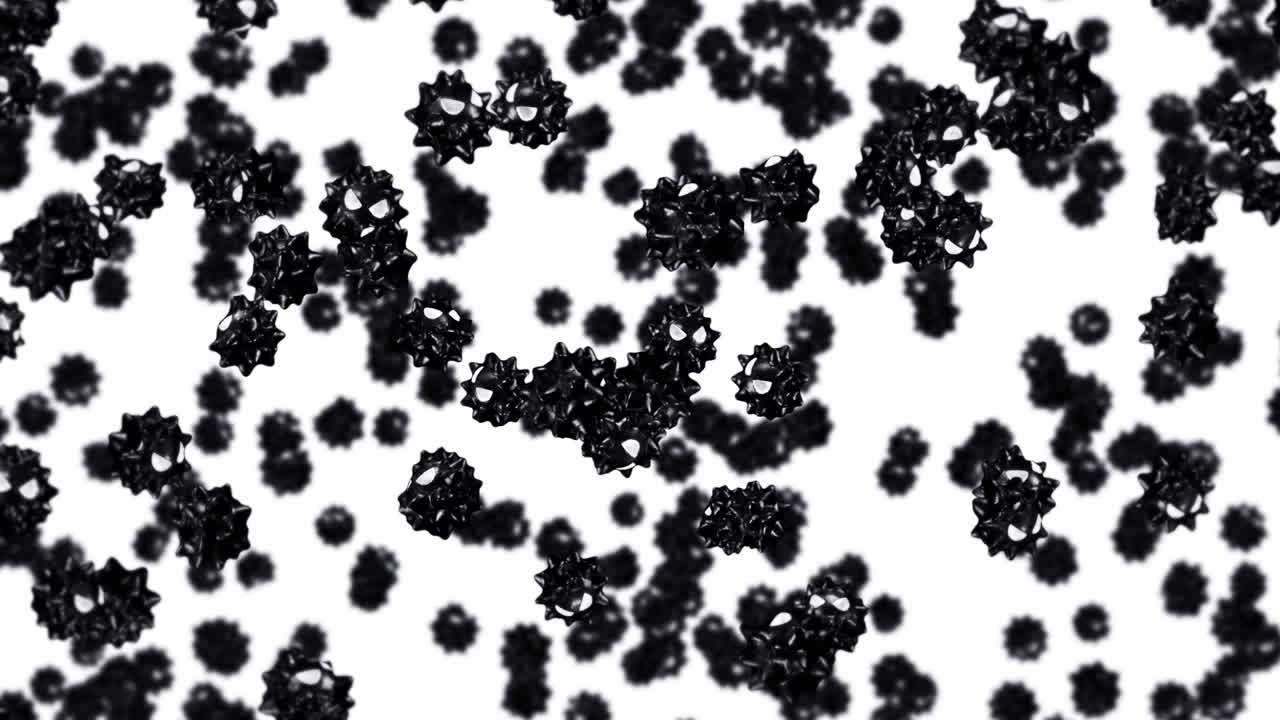 색 배경에 많은 바이러스를 날아다니는 만화 캐릭터. 의학 개념. 화를 내는 재미있는 검은 바이러스 마스코트. 3d 루프 애니메이션.