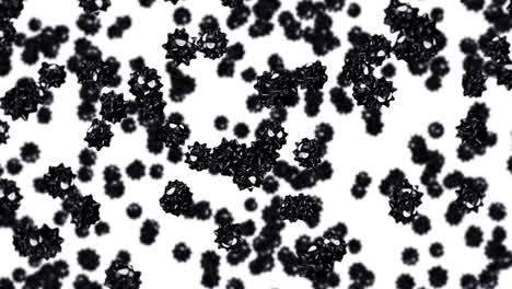 volando muchos virus en personaje de dibujos animados en fondo blanco. concepto médico. divertida mascota de virus negro con enojado. animación de bucle 3d.