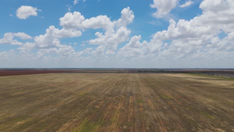 aerial view of dry fields under cloudy skies