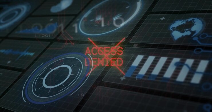 Security console detecting intrusion and showing ACCESS DENIED, widgets pulsing and glitching
