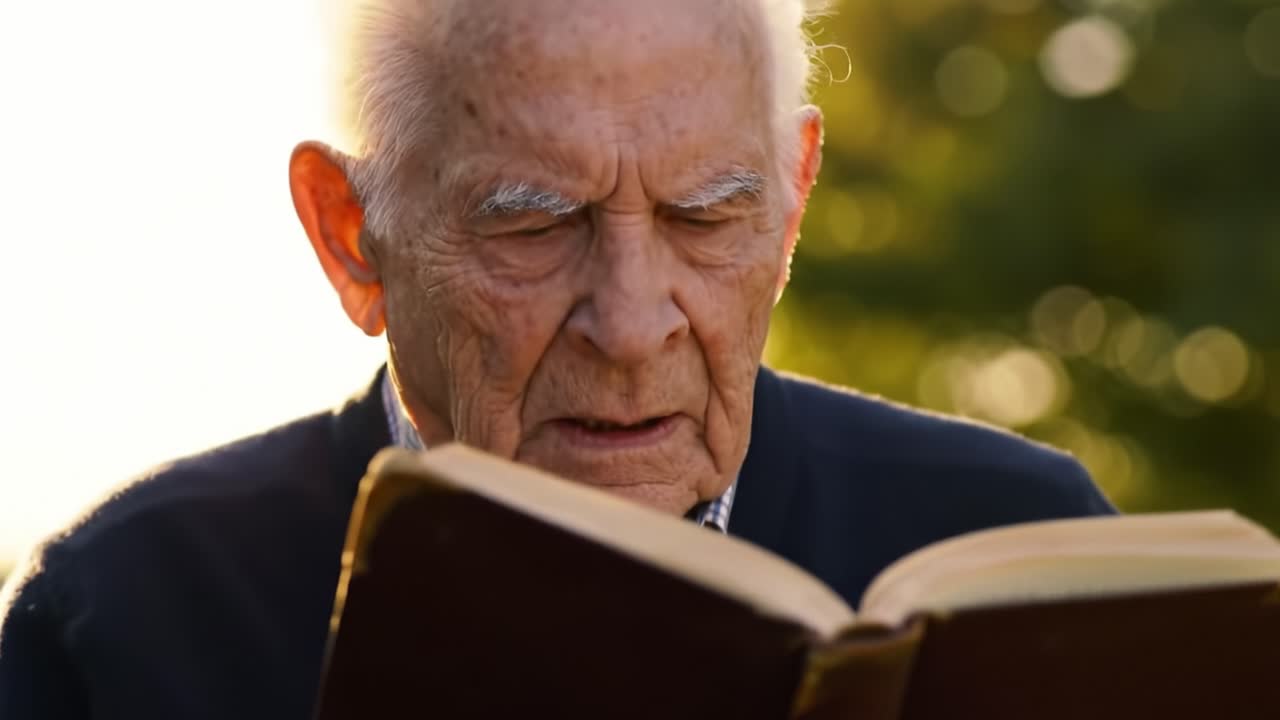 Elderly Man Deeply Engaged in Reading a Book in Natural Light, Capturing Moments of Reflection and Wisdom in a Serene Outdoor Setting