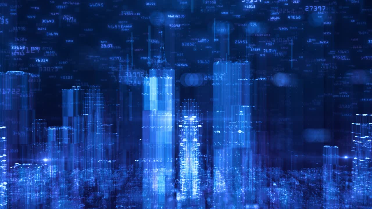 Futuristic Matrix: Seamless Loop Hologram 3D City Rendering with Binary Code Particles Network. Technology and Connection Concept