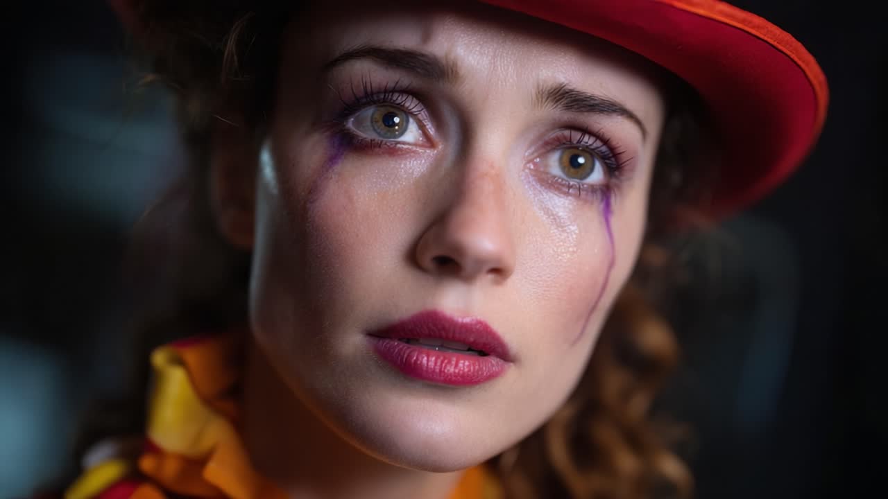 A somber clown gazes with emotion, showcasing resilience through painted tears, bringing depth and intensity to the whimsical world of performance art