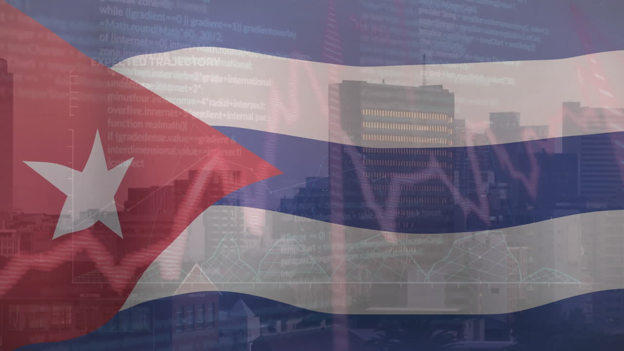 Animation of financial data processing over flag of cuba and cityscape