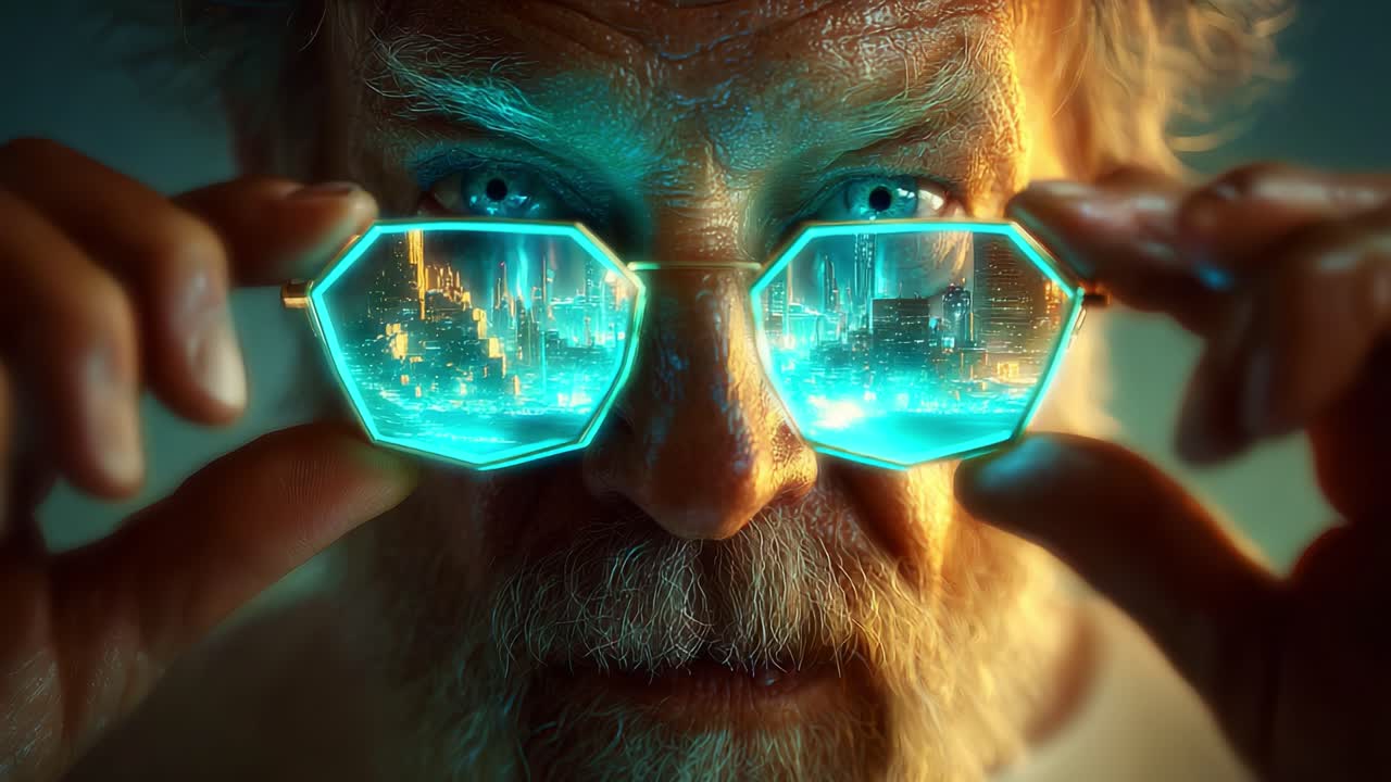 A close-up view of an elderly man holding futuristic glasses that project a mesmerizing cityscape, showcasing vibrant colors and intricate details that draw the viewer into a sci-fi realm