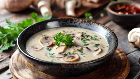warm and creamy mushroom soup served in a dark bowl, garnished with fresh parsley and sliced mushrooms, sits on a rustic wooden table alongside fresh ingredients