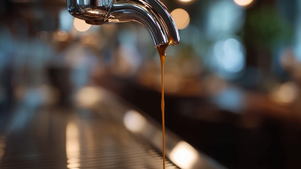 Tetesan kopi menetes dari corong mesin yang mengkilap. Cahaya bokeh hangat bersinar lembut di belakang. Aroma kaya dan beruap memenuhi udara. Sempurna untuk adegan kafe, kopi, atau ritual pagi