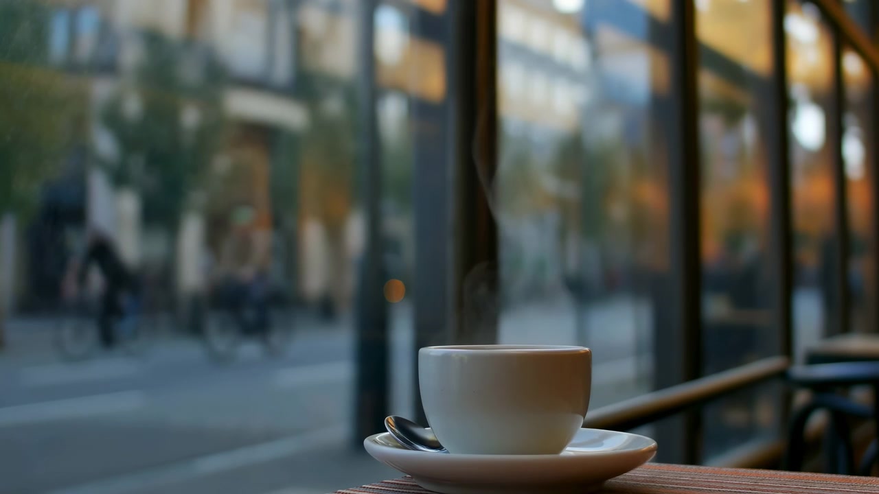 Tazza e cucchiaino fermi poggiano su un tavolo di legno vicino a una grande finestra, mentre la messa a fuoco si sposta dall'attività stradale di passaggio al primo piano, lasciando ciclisti e pedoni leggermente sfocati all'esterno.