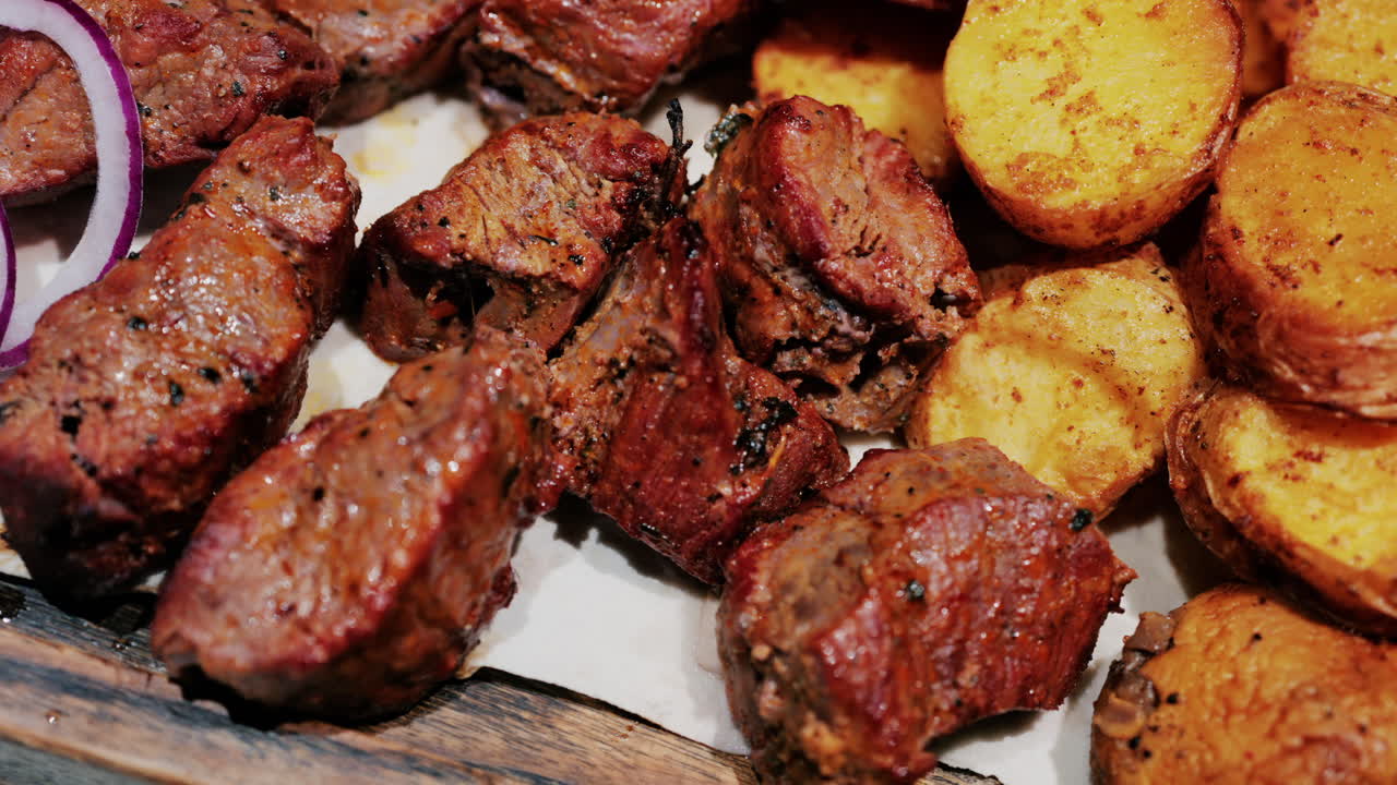 Juicy grilled meat served with golden roasted potatoes, tomatoes, mushrooms, and sauce