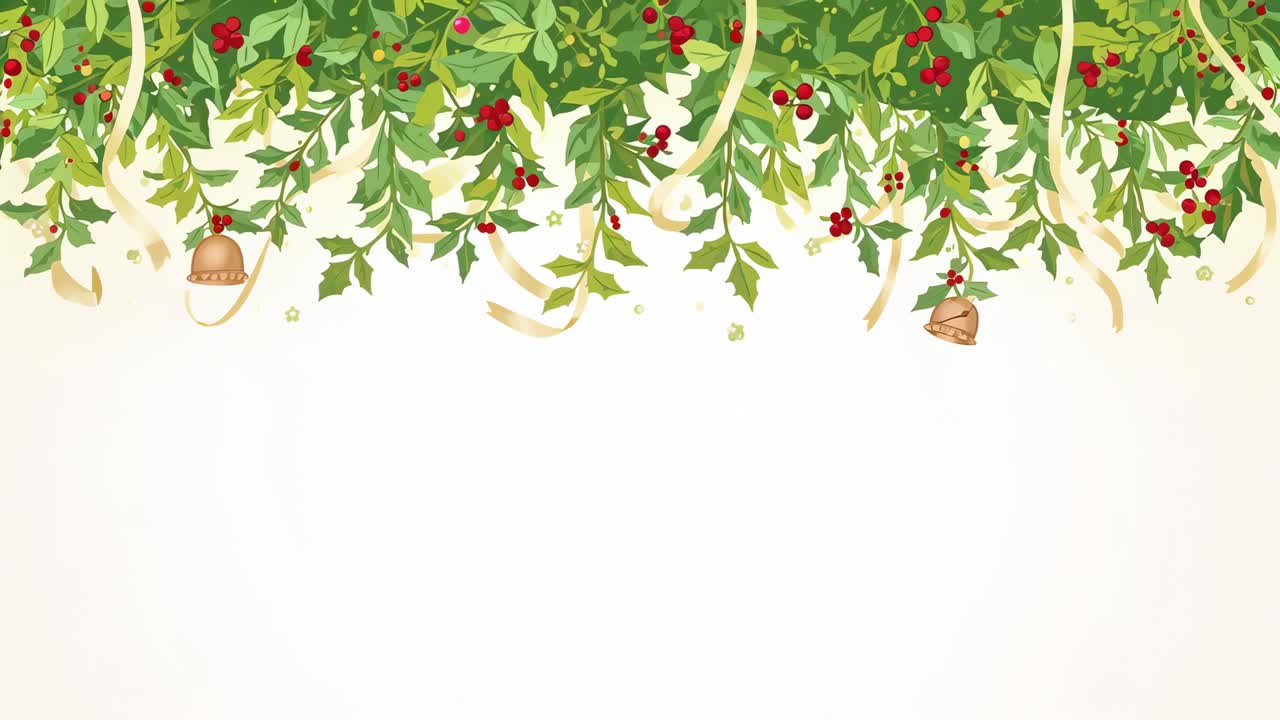 Loop starting top garland swaying on cream backdrop with berries gold bells ribbons stars for card