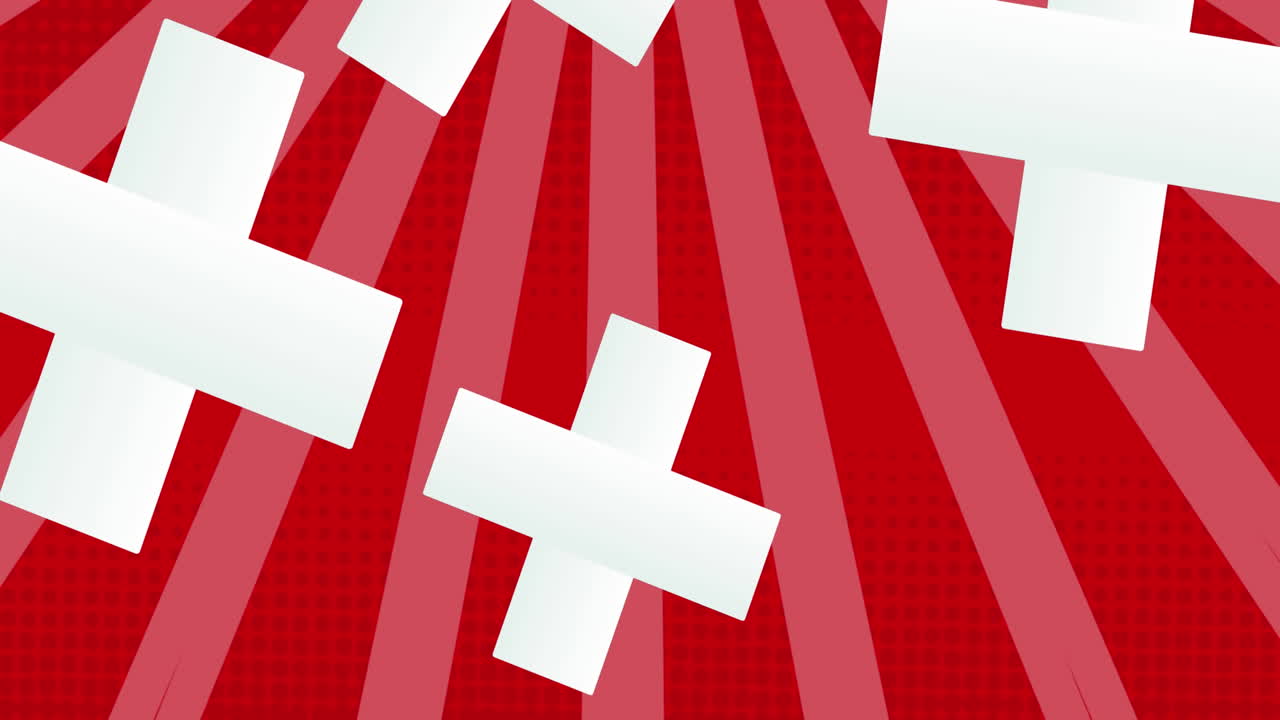 Animation of white crosses falling over red spinning stripes
