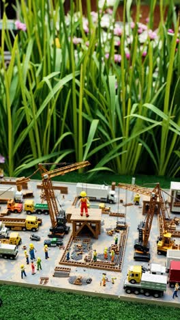 tiny construction site model depicting workers operating cranes and trucks, building house structure amid verdant grassland landscape