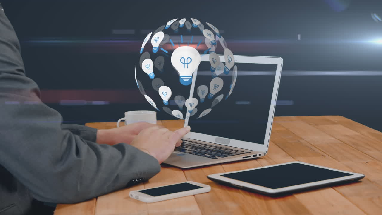 hombre de negocios trabajando en una computadora portátil con red global en primer plano