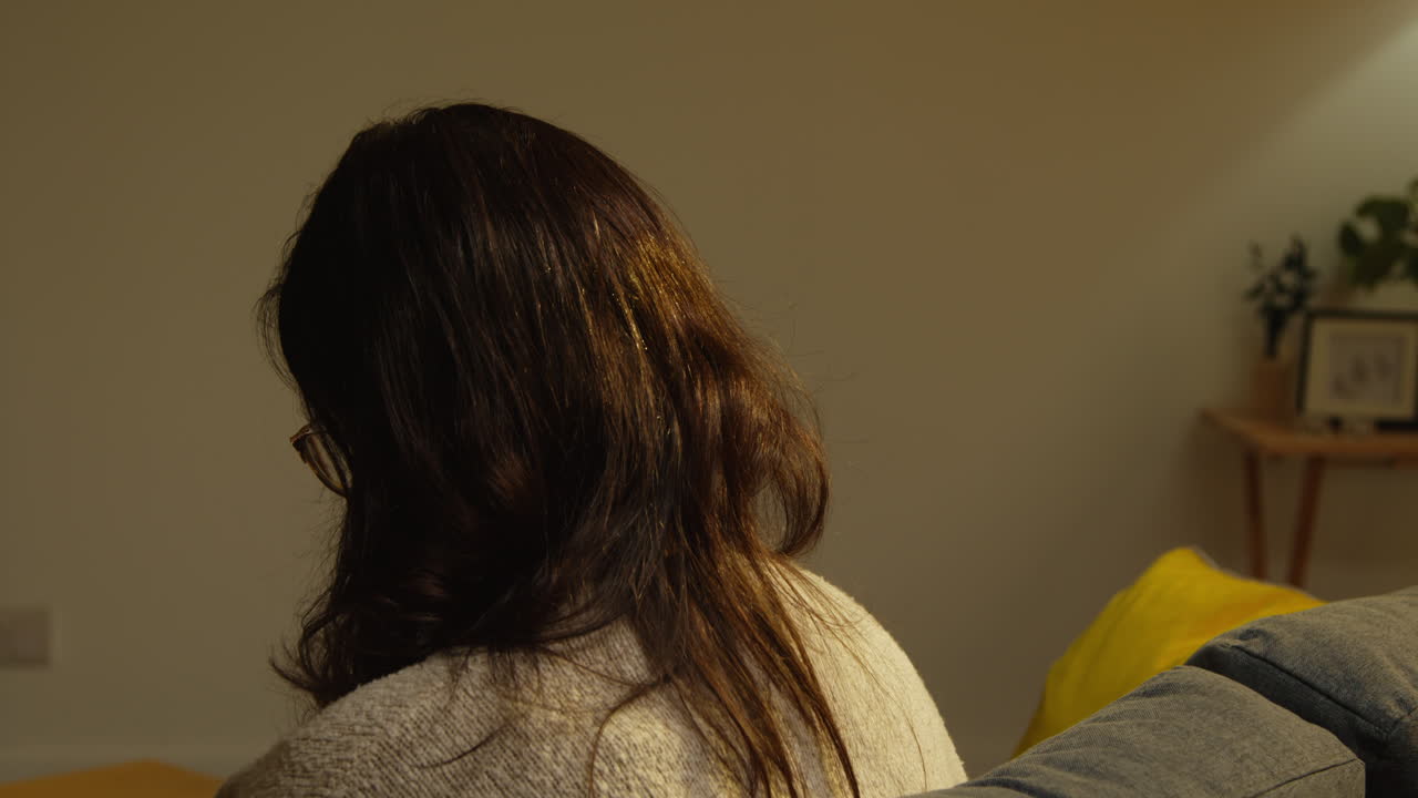 혼자 소파에 앉아있는 외롭고 불행한 젊은 여성의 뒷면은 정신 건강 문제로 집에 혼자 있습니다.
