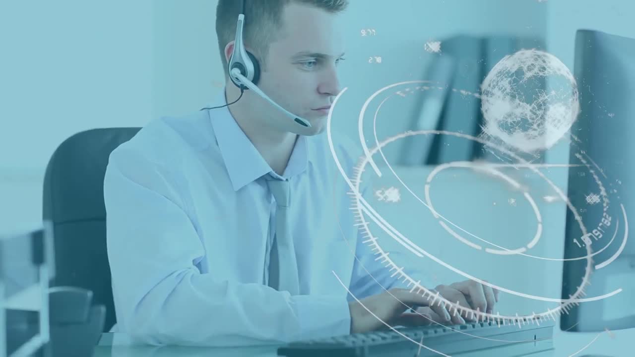 Animazione di più cerchi bianchi con un globo che ruota su un operatore di call center uomo